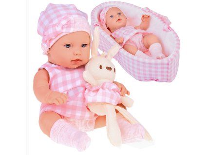Panenka Newborn s králíčkem v košíku 32 cm Růžová